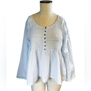 Anthropologie Odd Molly Women’s Smocked Ruffle Peasant Top Sky Blue Size L